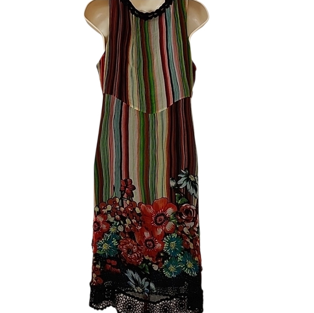 Sue Wong Vintage 100% Silk Forest Fairy Multicolor Floral Striped Dress Sz 12 - Picture 3 of 16